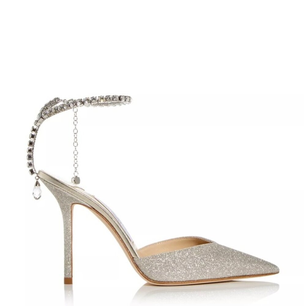 Jimmy Choo 100‎ Platinum Ice Dusty Glitter Pumps with Crystal Embellishment